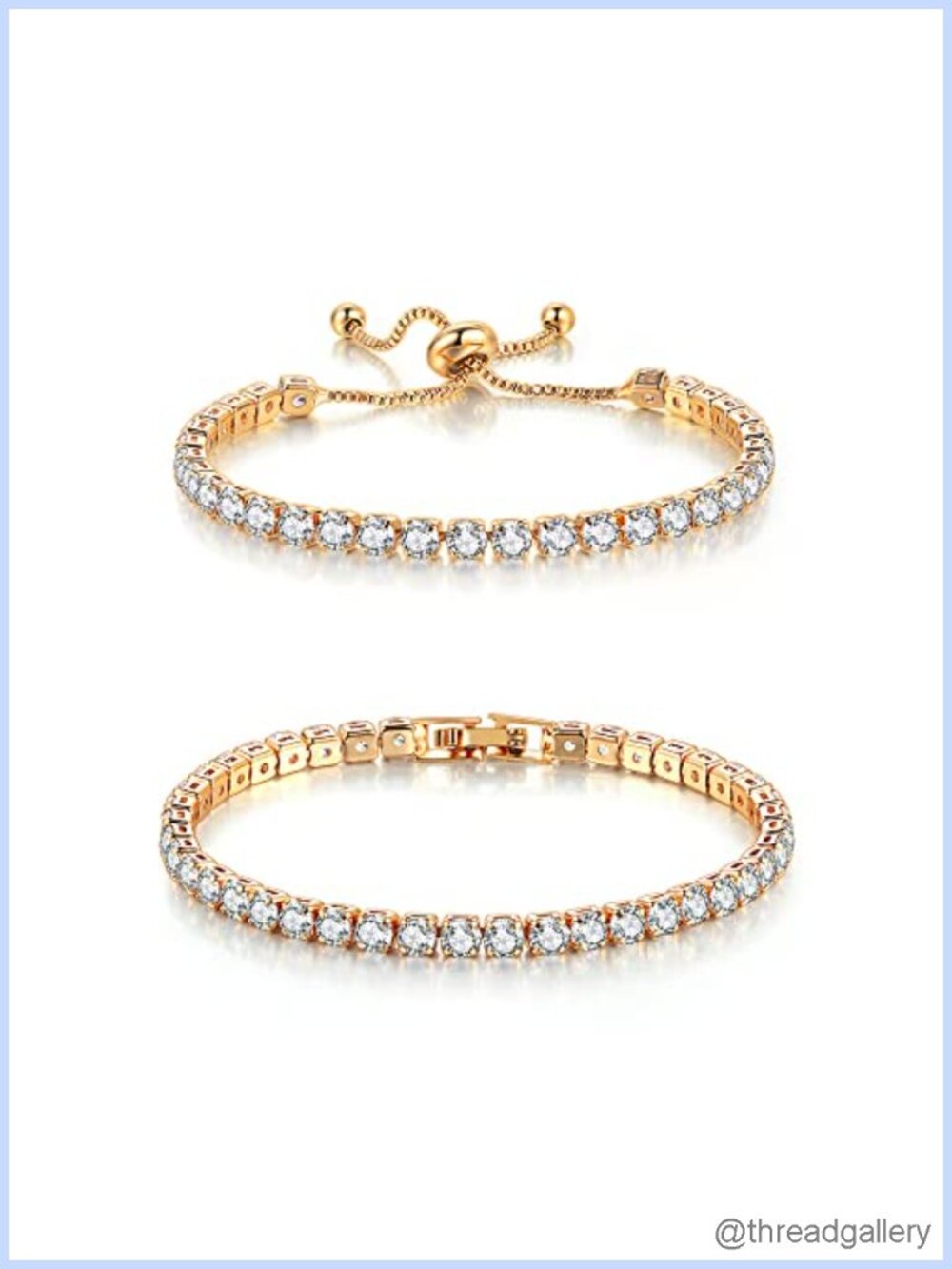 2Pc Adjustable Tennis Bracelet Set 14K Gold Plated CZ Stackable